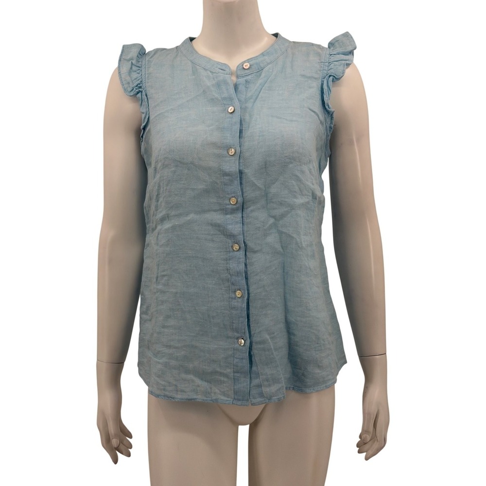 Lilly Pulitzer Top Womens Small Blue Briette Button Up Ruffle Linen Summer Beach